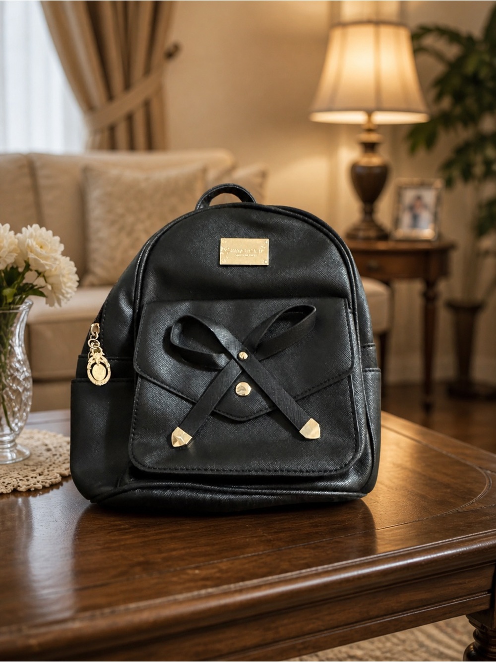 Black Women's Mini Backpack with Gold Accents